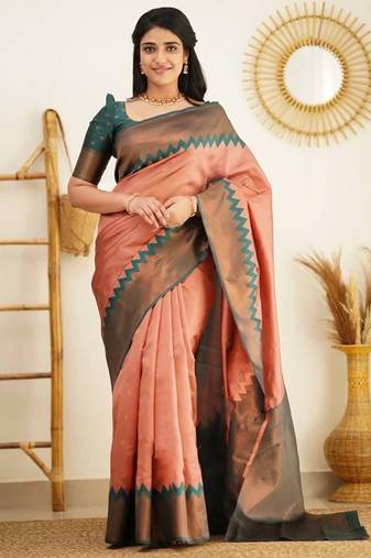 Peach green  silk blend jacuard work festival saree with unstitched blouse piece