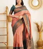 Peach green  silk blend jacuard work festival saree with unstitched blouse piece