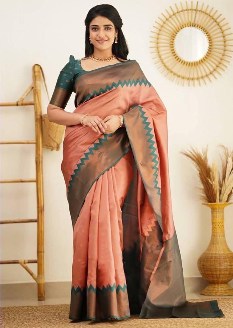 Peach green  silk blend jacuard work festival saree with unstitched blouse piece