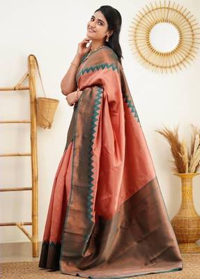 Peach green  silk blend jacuard work festival saree with unstitched blouse piece 2