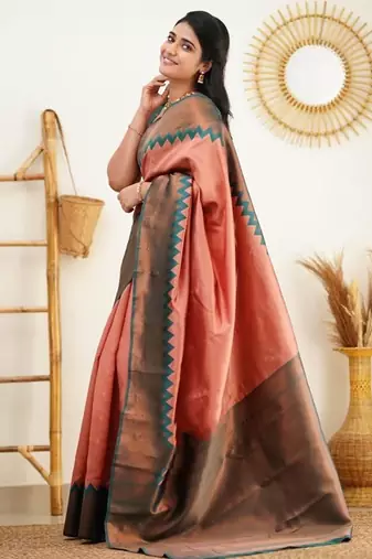 Peach green  silk blend jacuard work festival saree with unstitched blouse piece