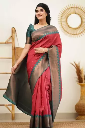 Red turquoise silk blend jacuard work festival saree with unstitched blouse piece
