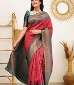 Red turquoise silk blend jacuard work festival saree with unstitched blouse piece