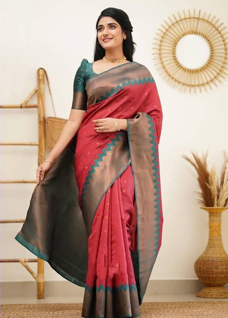 Red turquoise silk blend jacuard work festival saree with unstitched blouse piece