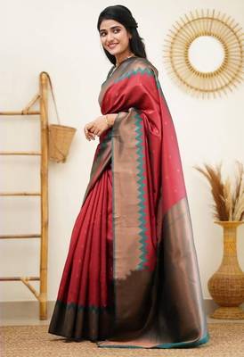 Red turquoise silk blend jacuard work festival saree with unstitched blouse piece 2