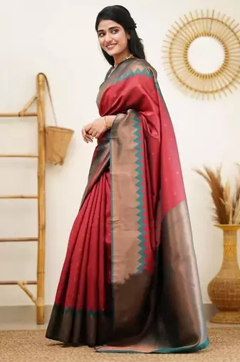 Red turquoise silk blend jacuard work festival saree with unstitched blouse piece