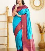 Sky blue wine silk blend jacuard work festival saree with unstitched blouse piece
