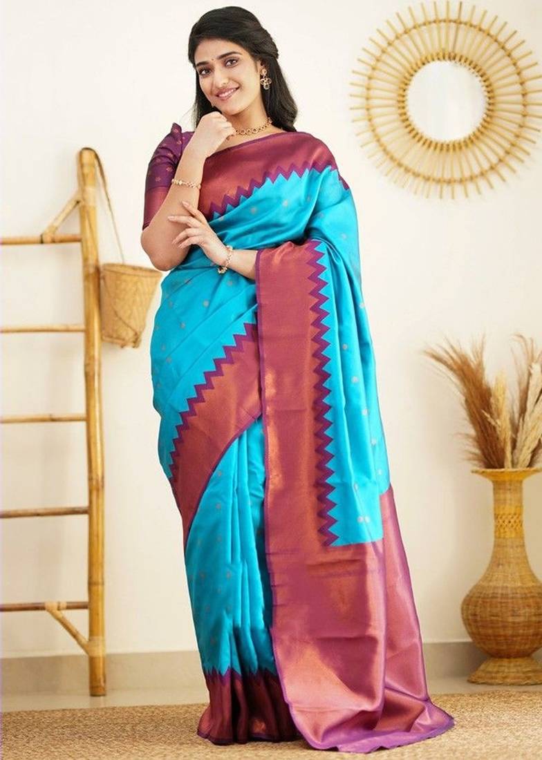 Sky blue wine silk blend jacuard work festival saree with unstitched blouse piece