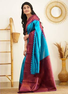 Sky blue wine silk blend jacuard work festival saree with unstitched blouse piece 2