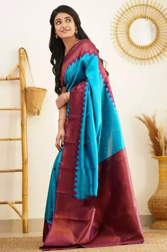 Sky blue wine silk blend jacuard work festival saree with unstitched blouse piece