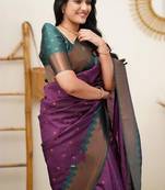 Black wine silk blend jacuard work festival saree with unstitched blouse piece
