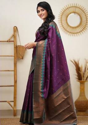 Black wine silk blend jacuard work festival saree with unstitched blouse piece 2