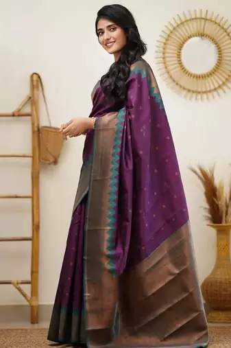 Black wine silk blend jacuard work festival saree with unstitched blouse piece