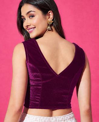 Wine velvet sleeveless v-neck readymade stylish stitched blouse top 2