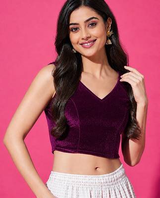 Wine velvet sleeveless v-neck readymade stylish stitched blouse top 5