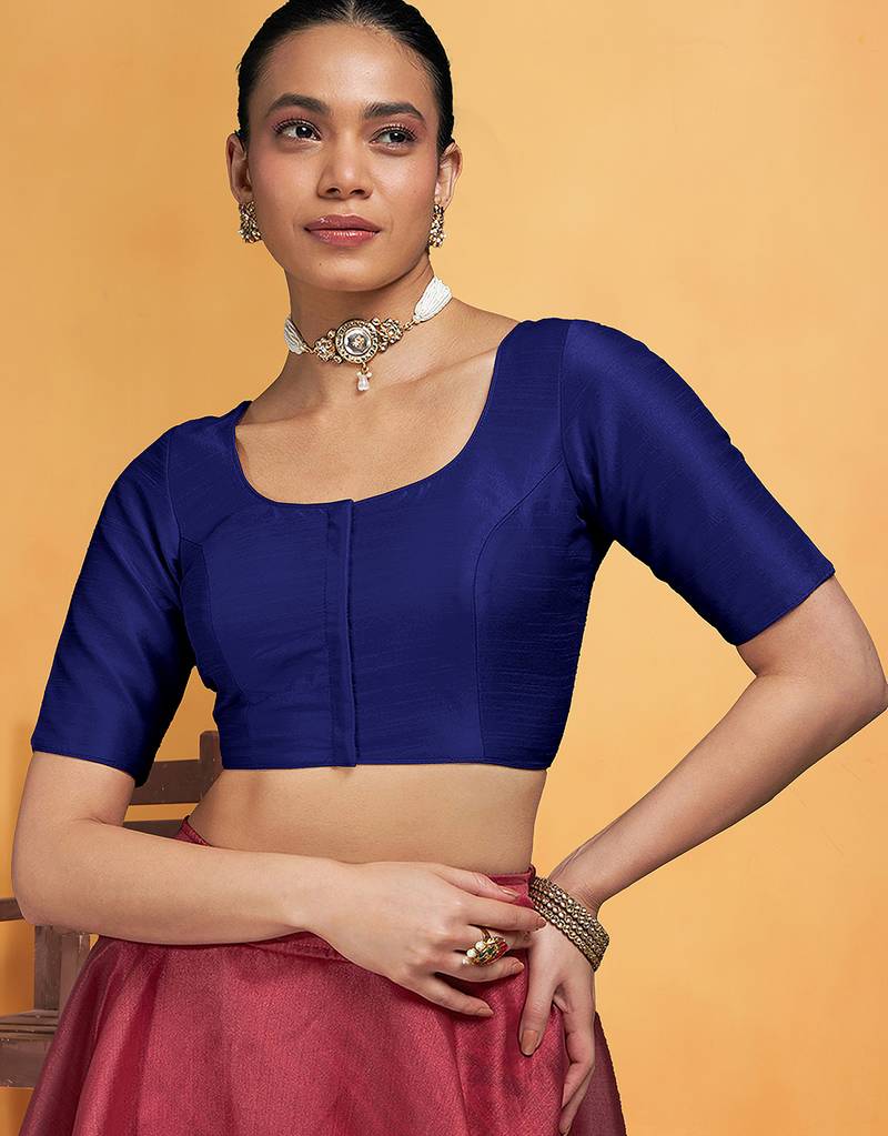 Navyblue art silk plain elbow sleeves readymade stylish stitched blouse