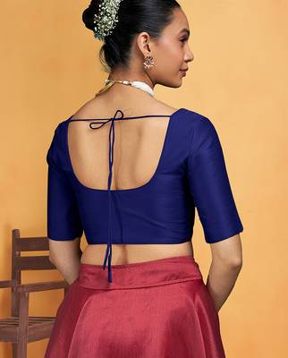 Navyblue art silk plain elbow sleeves readymade stylish stitched blouse 2