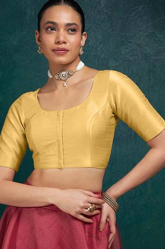 Beige art silk plain elbow sleeves readymade stylish stitched blouse