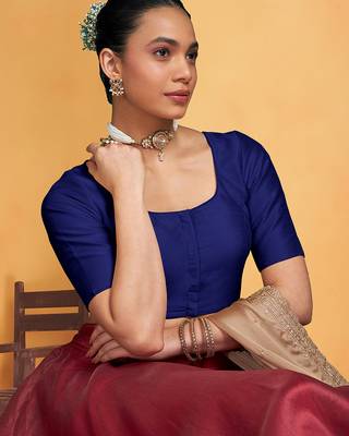 Navyblue art silk plain elbow sleeves readymade stylish stitched blouse 3