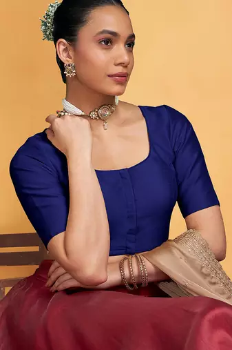 Navyblue art silk plain elbow sleeves readymade stylish stitched blouse