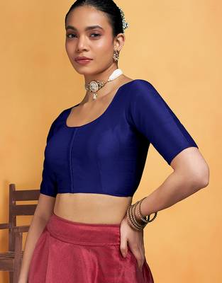 Navyblue art silk plain elbow sleeves readymade stylish stitched blouse 4