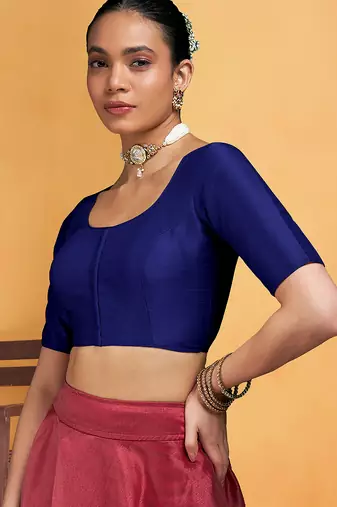 Navyblue art silk plain elbow sleeves readymade stylish stitched blouse