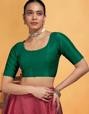Darkgreen art silk plain elbow sleeves readymade stylish stitched blouse 1