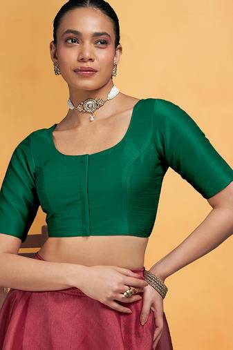 Darkgreen art silk plain elbow sleeves readymade stylish stitched blouse