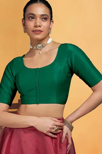 Darkgreen art silk plain elbow sleeves readymade stylish stitched blouse