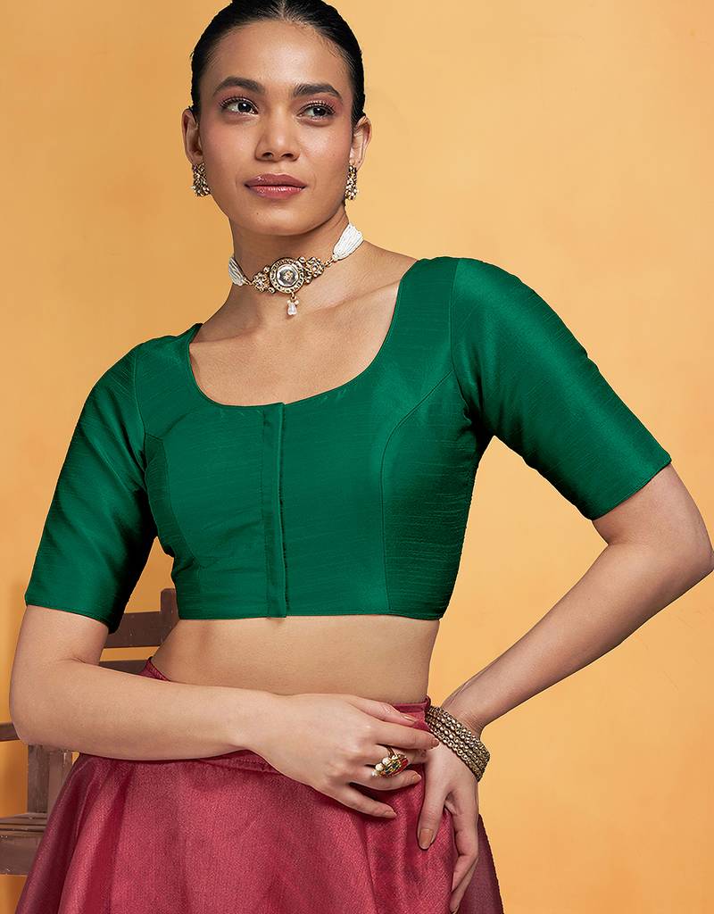 Darkgreen art silk plain elbow sleeves readymade stylish stitched blouse