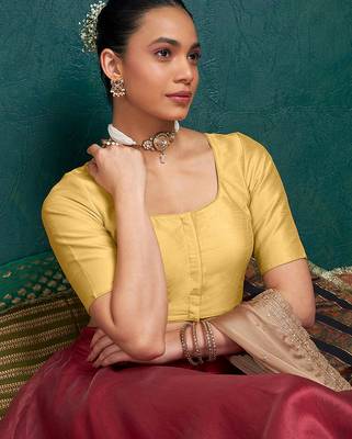 Beige art silk plain elbow sleeves readymade stylish stitched blouse 3