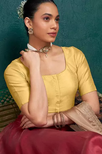 Beige art silk plain elbow sleeves readymade stylish stitched blouse