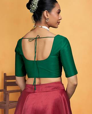 Darkgreen art silk plain elbow sleeves readymade stylish stitched blouse 2