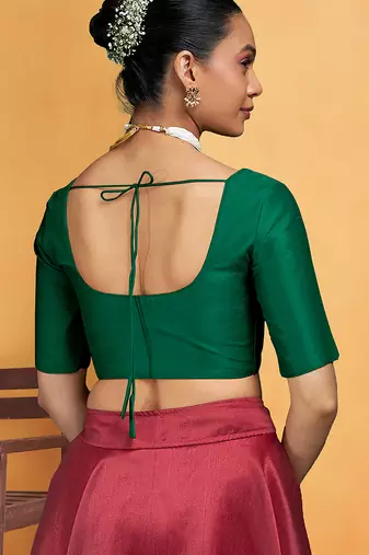 Darkgreen art silk plain elbow sleeves readymade stylish stitched blouse