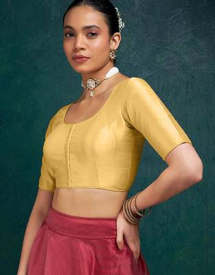 Beige art silk plain elbow sleeves readymade stylish stitched blouse 4