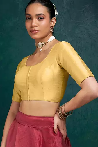 Beige art silk plain elbow sleeves readymade stylish stitched blouse