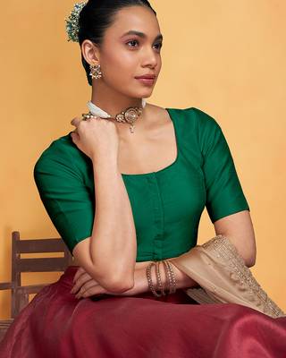 Darkgreen art silk plain elbow sleeves readymade stylish stitched blouse 3