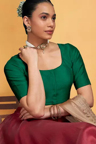 Darkgreen art silk plain elbow sleeves readymade stylish stitched blouse