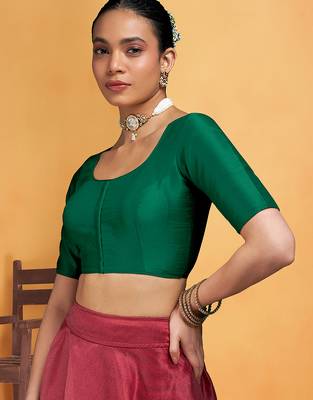 Darkgreen art silk plain elbow sleeves readymade stylish stitched blouse 4