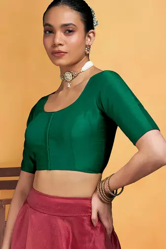 Darkgreen art silk plain elbow sleeves readymade stylish stitched blouse