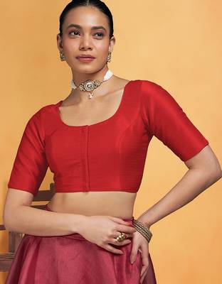 Red art silk plain elbow sleeves readymade stylish stitched blouse 1
