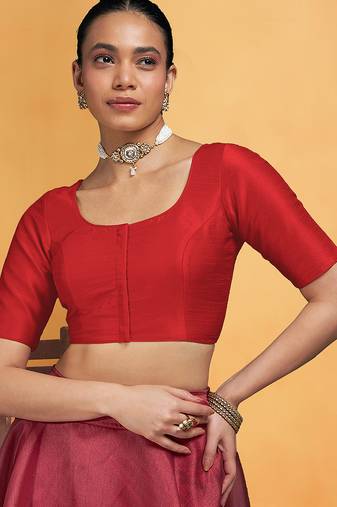 Red art silk plain elbow sleeves readymade stylish stitched blouse