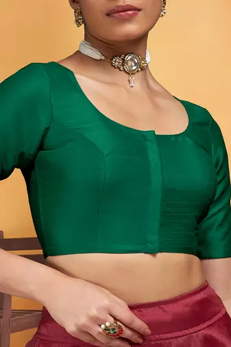 Darkgreen art silk plain elbow sleeves readymade stylish stitched blouse