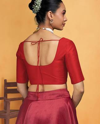 Red art silk plain elbow sleeves readymade stylish stitched blouse 2