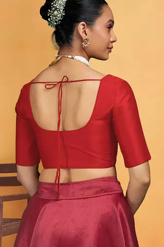 Red art silk plain elbow sleeves readymade stylish stitched blouse