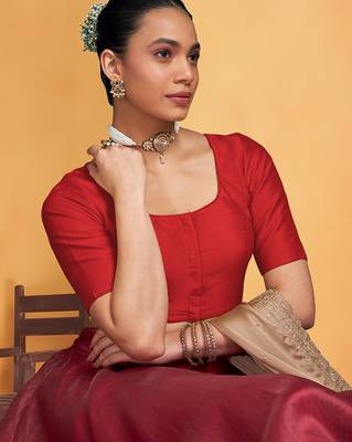 Red art silk plain elbow sleeves readymade stylish stitched blouse 3