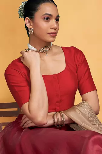 Red art silk plain elbow sleeves readymade stylish stitched blouse