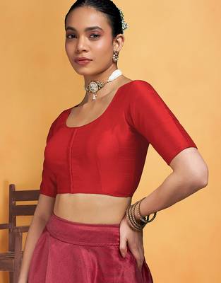 Red art silk plain elbow sleeves readymade stylish stitched blouse 4