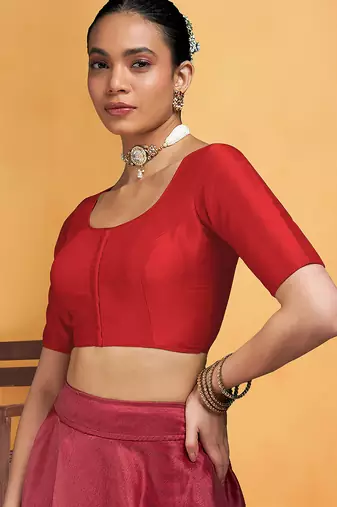 Red art silk plain elbow sleeves readymade stylish stitched blouse