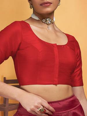 Red art silk plain elbow sleeves readymade stylish stitched blouse 5
